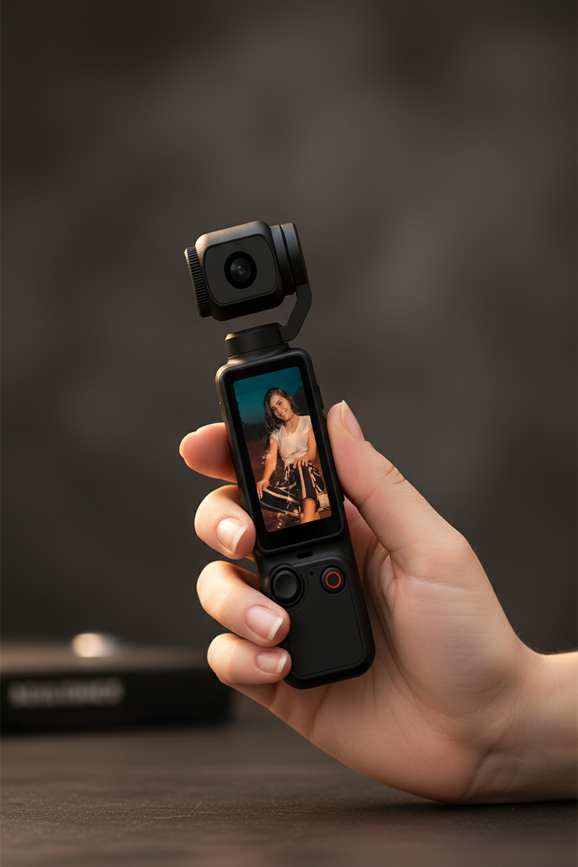 Caméra-gimbal noire tenue en main